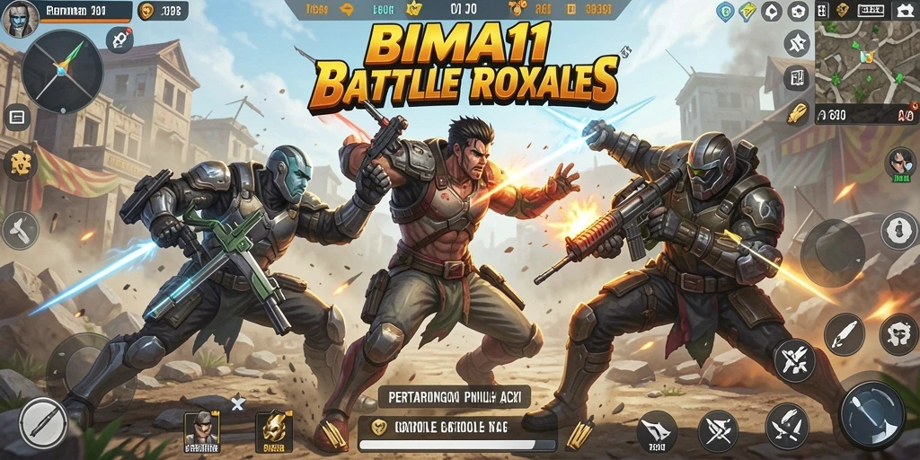 Screenshot gameplay BIMA11 menampilkan aksi pertarungan Battle Royale yang seru.
