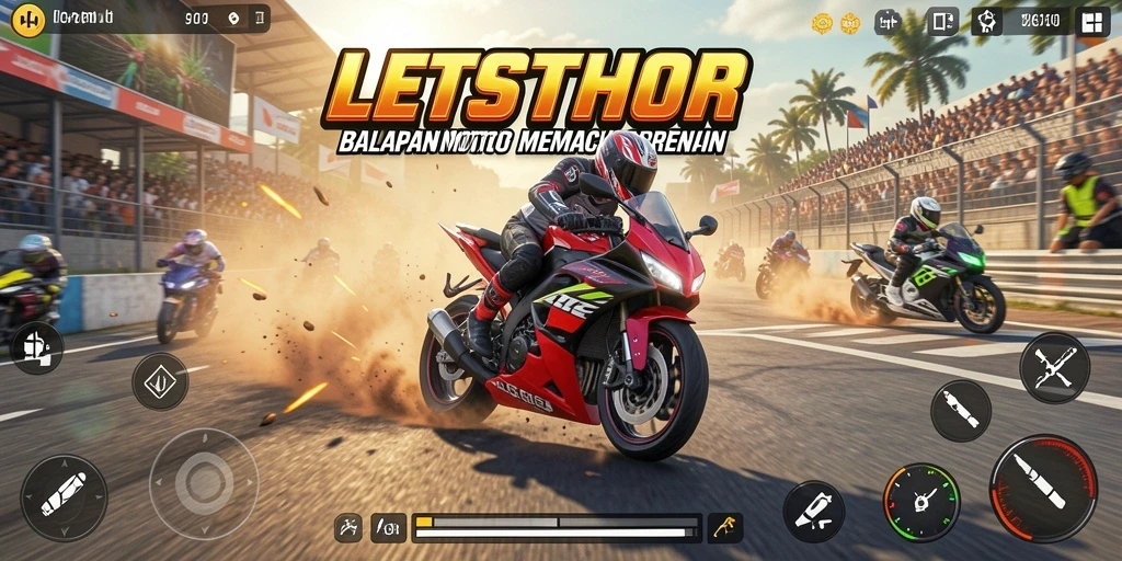 Skrinsut gameplay LETSTHOR menunjukkan aksi balapan motor yang mendebarkan.