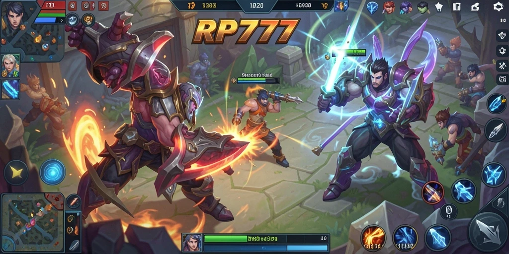 Screenshot RP777 yang menunjukkan aksi pertarungan karakter dalam MOBA.
